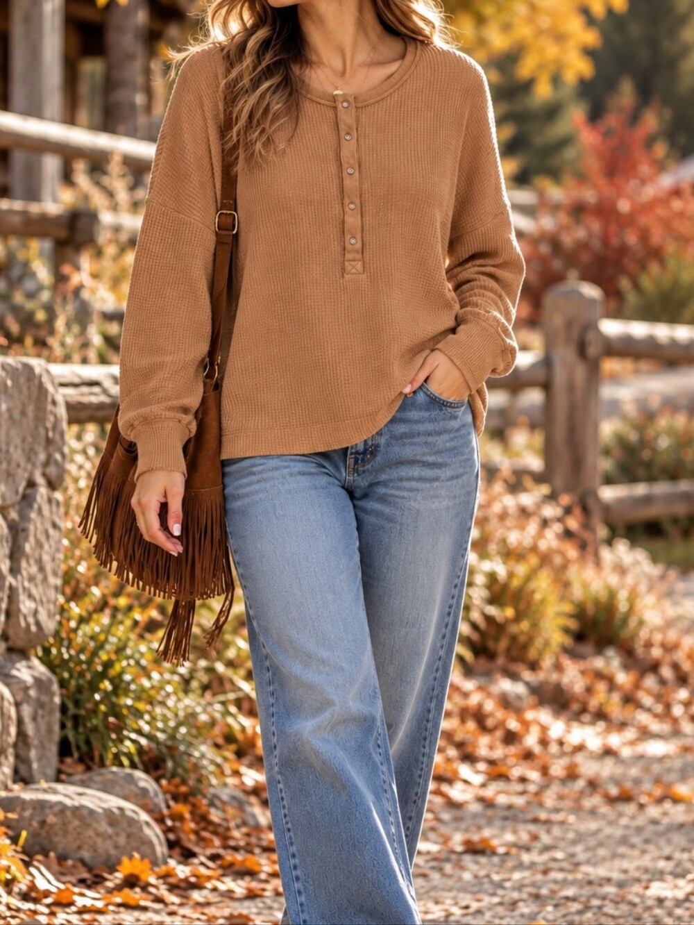 Aerie Camel Waffle Knit Oversized Henley Sweater Cozy Boho Lounge Top